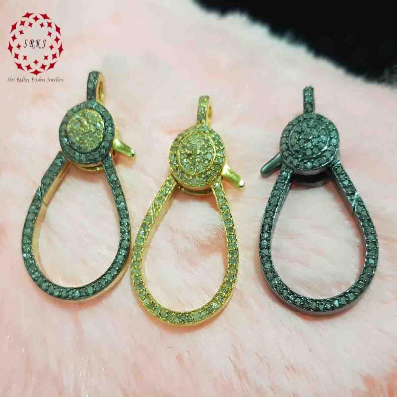 925 Sterling Silver Two Tone Large Spring Lock With Pave Diamond Layer, Silver Jewelry