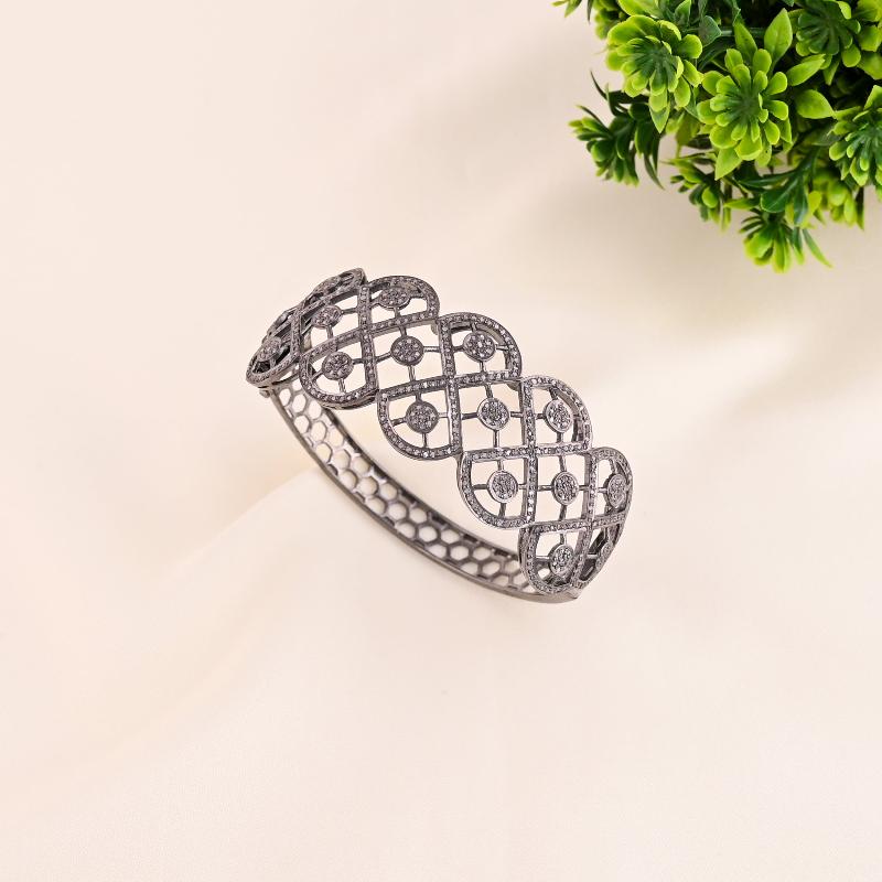 Elegant Black Fully Natural Pave Diamond Bangle, Gift For Bride, Wedding Gift, Silver Jewelry, Classic Jewelry