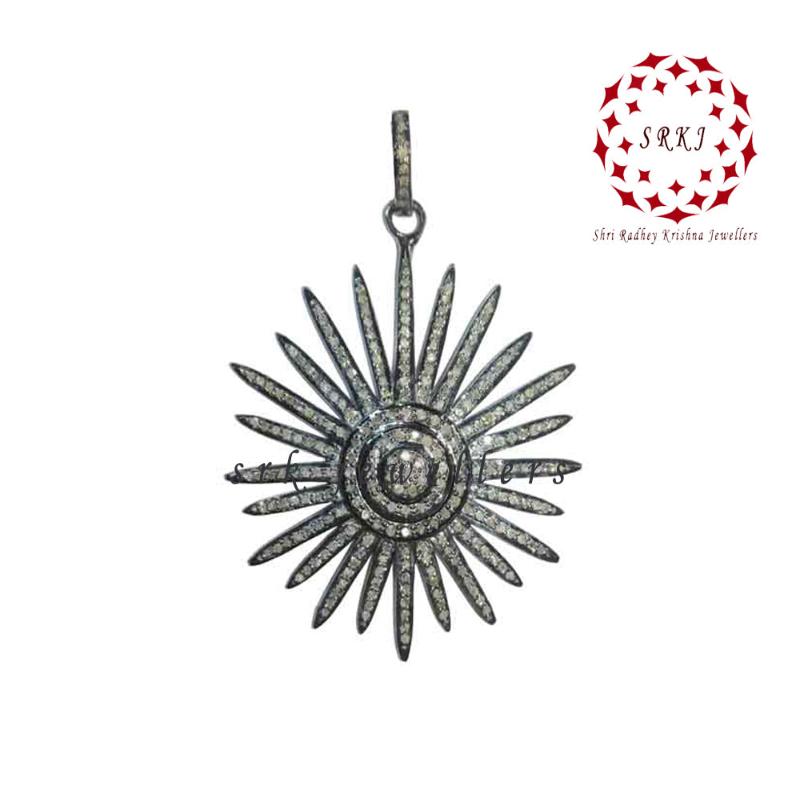 925 Sterling Silver Sunburst Pendant With Pave Diamond Layers, Unique Diamond Sunburst Pendant