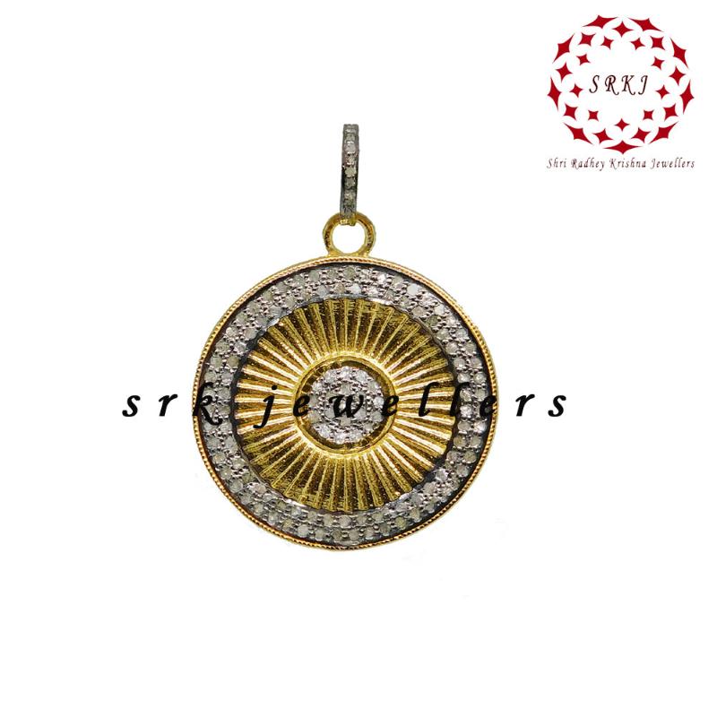 Two Tone Fancy 925 Sterling Silver Pave Diamond Round Pendant, Silver Jewelry, Anniversary Gift