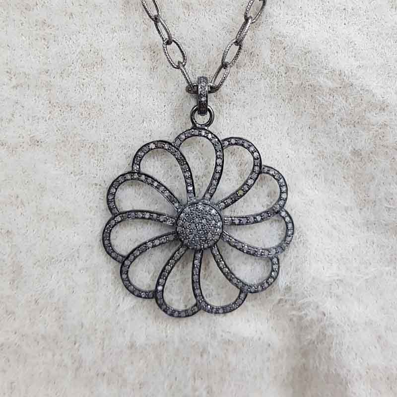 Pave Diamond Handmade Designer Flower Style Pendant, Stunning Flower Pendant, Silver Jewelry