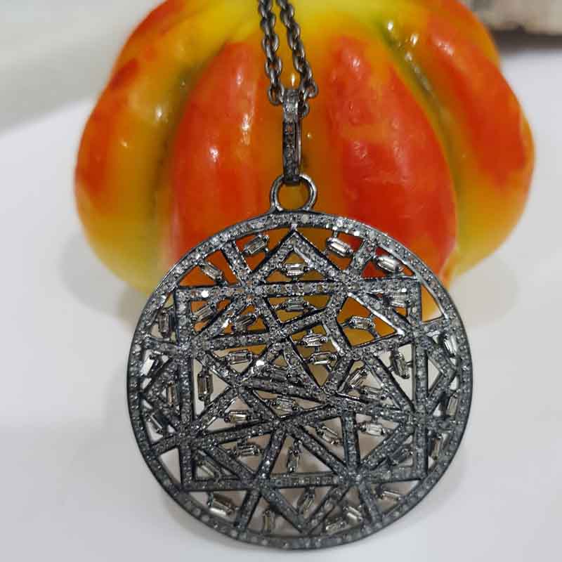 Baguette & Pave Diamond Designer Round Pendant, Fancy Round Design Necklace, Gift For Lovers