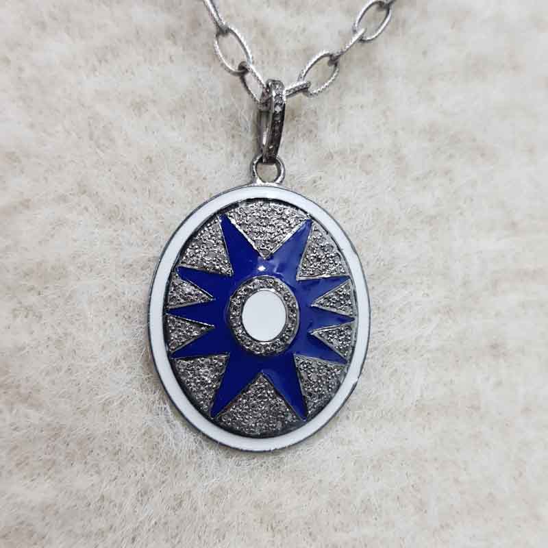 Blue And White Enamel Pave Diamond Sunburst Pendant, Oval Shape Enamel design, Mothers Day Gift
