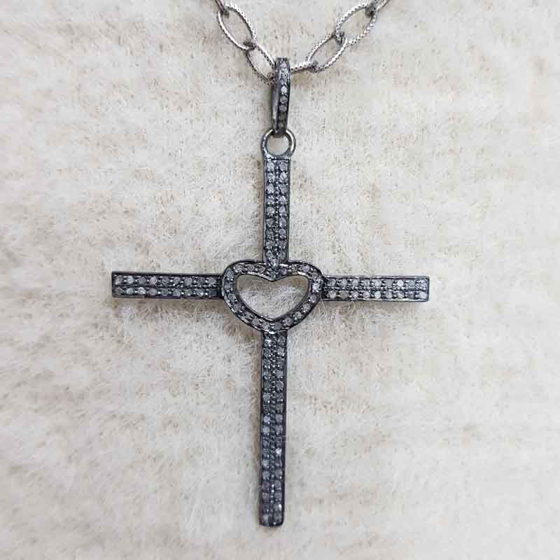 Little Open Heart Cross Designer Pave Diamond Pendant, Christmas Gift