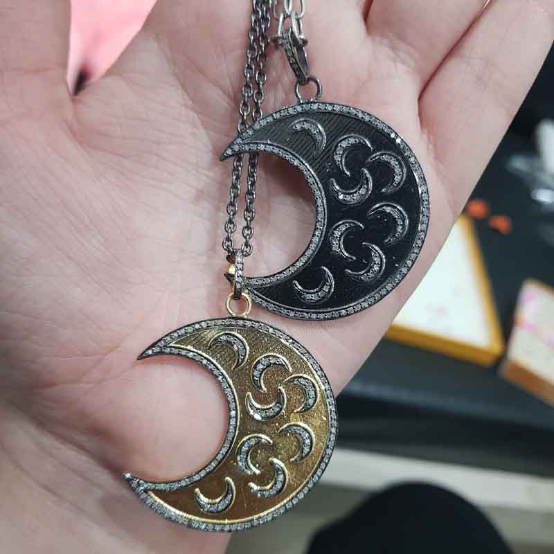 Moon With Multi Moon pendant With Pave Diamond Layers, Half Moon Pendant, Silver Jewelry, Gift For Someone