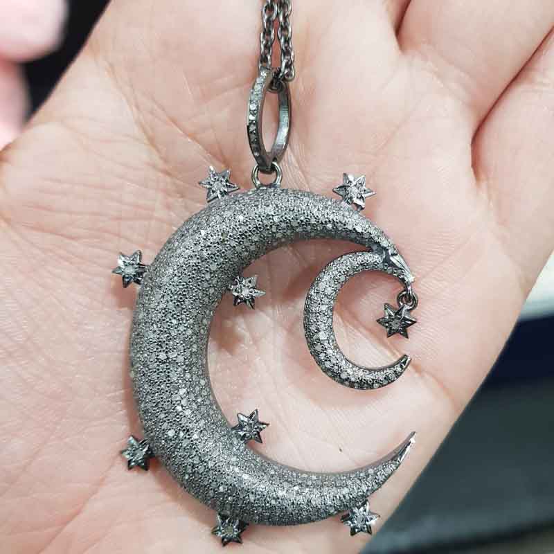 Glorious Fancy Designer Handmade Style Moon Star Pendant, Fully Shiny Moon Necklace, Gift For Special One