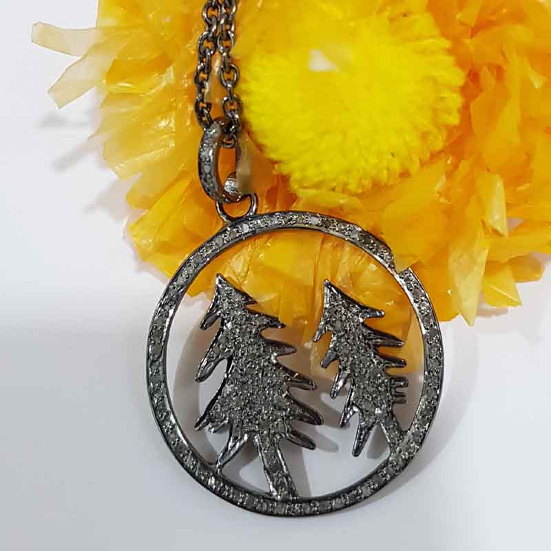 Charming Round Tree Style Pave Diamond Silver Pendant, Tree Necklace, Silver Jewelry