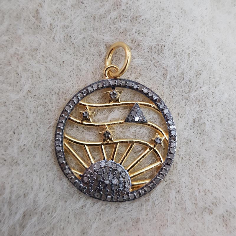 Round Designer Fancy Style Pendent With Pave Diamond, Shiny Fancy Pendant, Silver Jewelry
