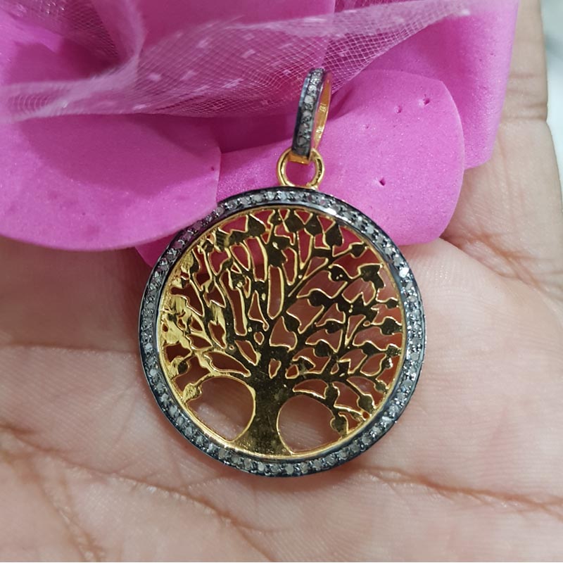 Yellow and Black Beautiful Round Tree Pendent With Pave Diamond, Tree Necklace, Silver Jewelry