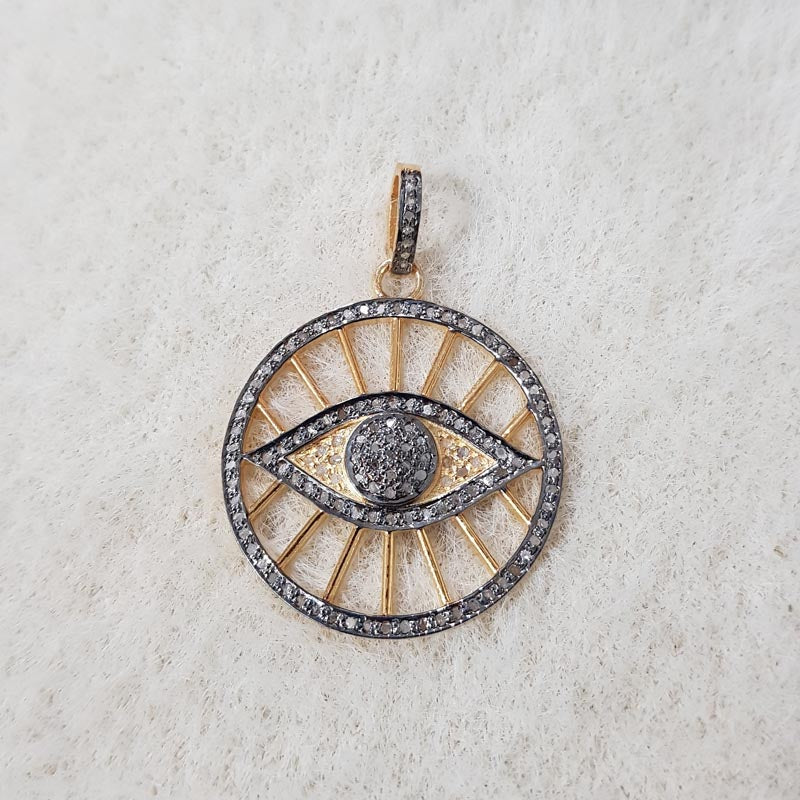 Evil Eye Pendant, Two Tone Fancy Designer 925 Sterling Silver Pave Diamond Evil Eye Pendant, Silver Jewelry