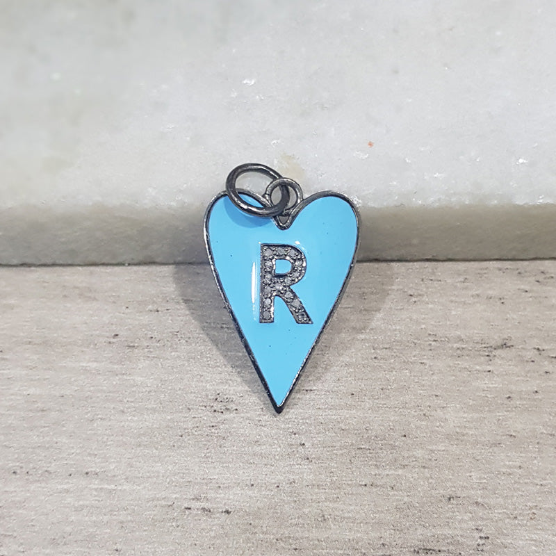 Turquoise Enamel R Latter Heart Pendant With Pave Diamond Layers, Personalized Gift For Love