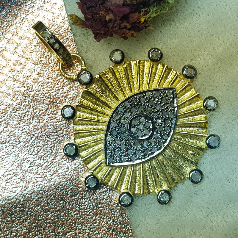 Elegant Evil Eye, Two Tone Fancy Designer 925 Sterling Silver Pave Diamond Evil Eye Pendant, Silver Jewelry eley