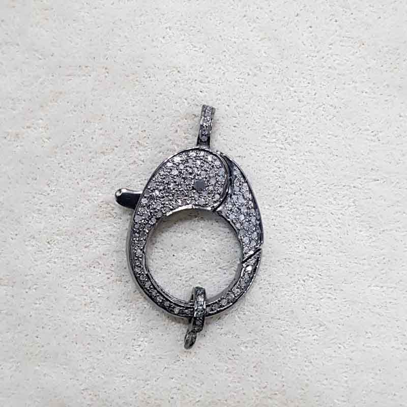 Elegant Fully Black Natural Pave Diamond Spring Clasp Lock, Silver Jewelry
