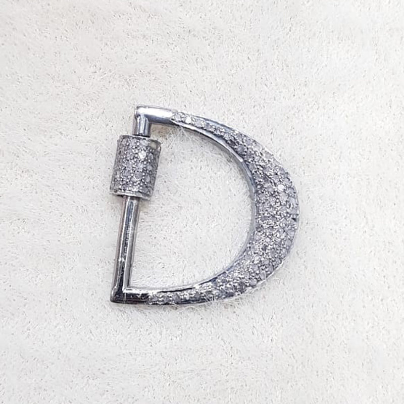 D Latter Designer Pave Diamond Carbiner Clasp, Silver Jewelry