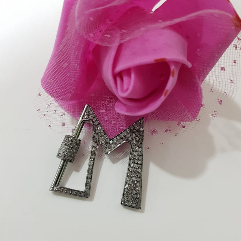 M Latter Screw Lock With 925 Solid Metal And Pave Diamonds, Silver Jewelry