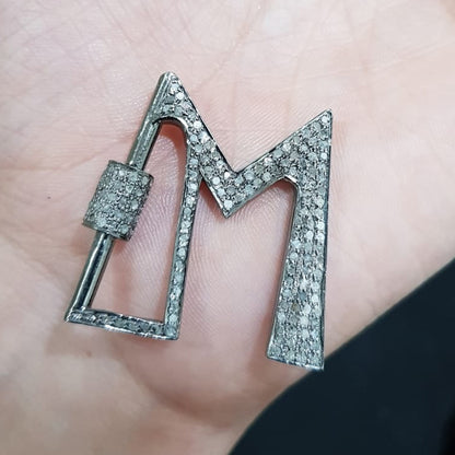 M Latter Screw Lock With 925 Solid Metal And Pave Diamonds, Silver Jewelry