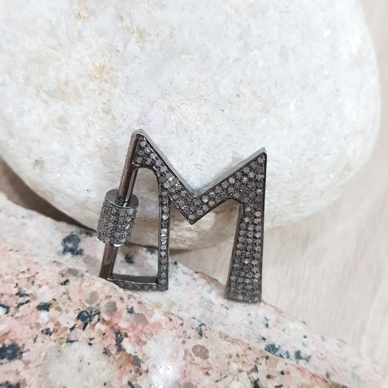 M Latter Screw Lock With 925 Solid Metal And Pave Diamonds, Silver Jewelry