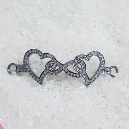 Joined Heart Designer Pave Diamond 925 Sterling Silver Connector, Heart Connector, Silver Jewelry