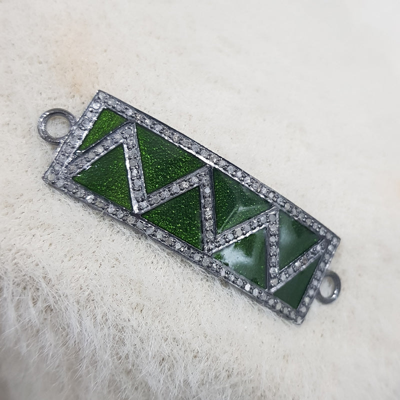 Graceful Looking Green Enamel Pave Diamond Connector, Silver Jewelry