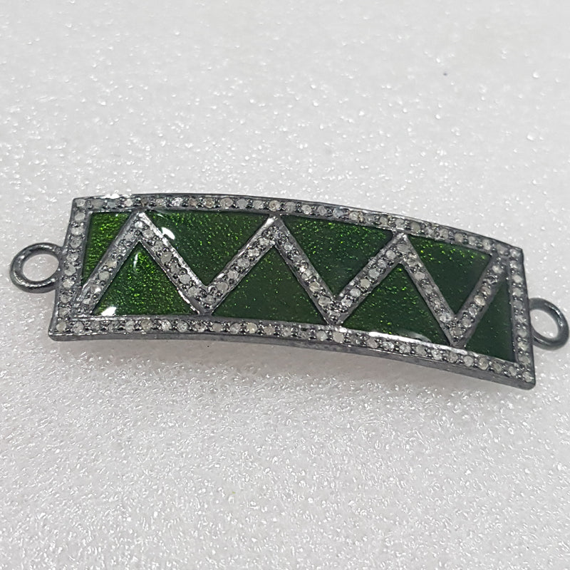 Graceful Looking Green Enamel Pave Diamond Connector, Silver Jewelry