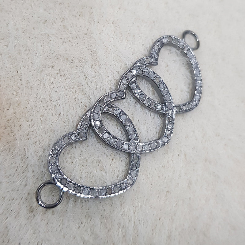 Three Heart Lovely Designed with Natural Pave Diamond Silver Black Connector, Silver Jewelry