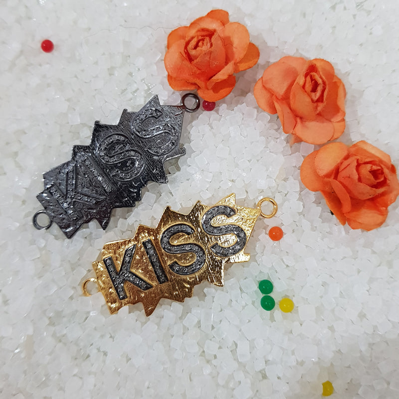 Lovely Yellow And Black Plated Pave Diamond Kiss Word Connector, Valentines Day Gift