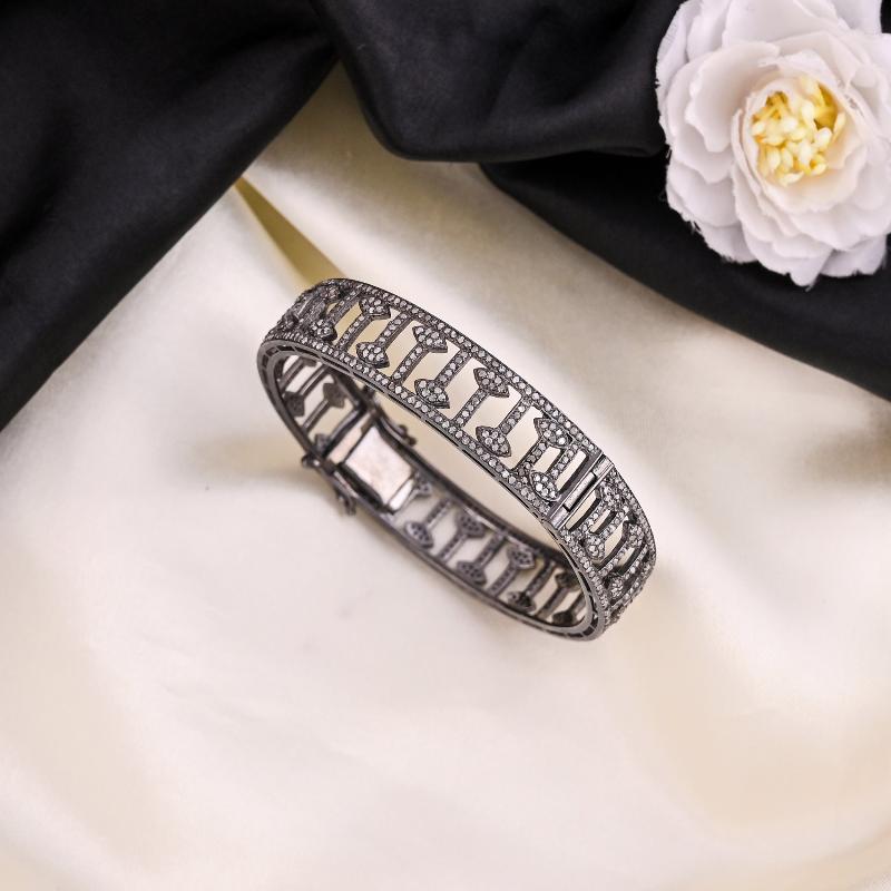 Fancy Bangle, 925 Solid Sterling Silver Natural Pave Diamond Fancy Designer Bangle, Wedding Gift