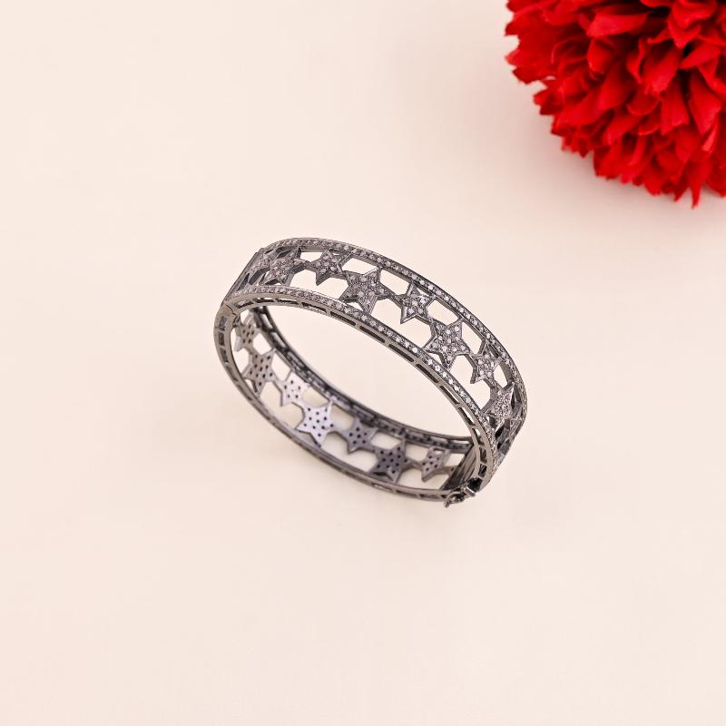 Antique Finish Designer Pave Diamond Stars Bangle, Star Bangle, Handmade Jewelry, Gift For Love