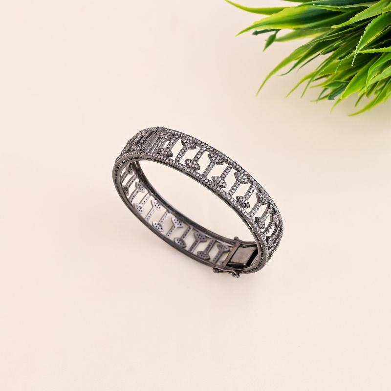 Black Fancy 925 Solid Sterling Silver Natural Pave Diamond Fancy Designer Bangle, Stylish Bangle, Silver Jewelry