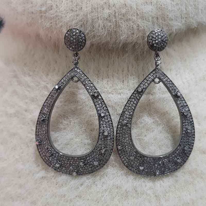 Fancy Designer Simple Geometric Designs Pave Diamond 925 Sterling Silver Earrings, Gift For Girl, Silver Jewelry