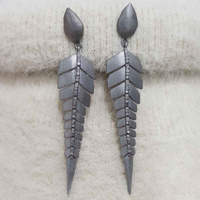 Nature’s Grace Leaf Drop Earrings, Matte Finish Designer Beautiful Pave Layer Earrings, Gift For Wife, Silver Jewelry