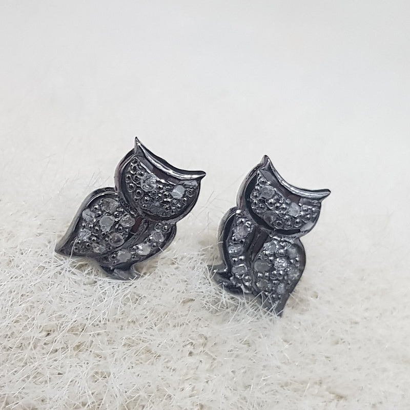 Night’s Wisdom Owl Studs, Owl Designed Pave Diamond Small Stud, Silver Jewelry, Gift For Sister