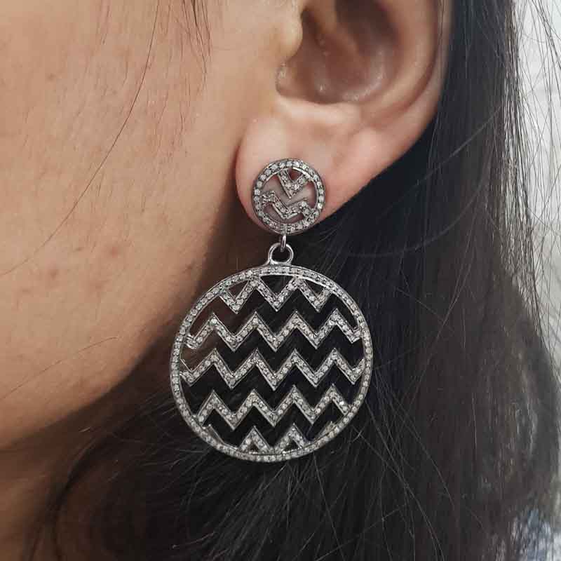 Round Fancy Designer Pave Diamond Glorious Earrings, Silver Jewelry, Gift For Women