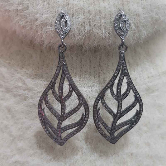 Beautifully Designed Pave Diamond Leaf Earrings, Silver Jewelry