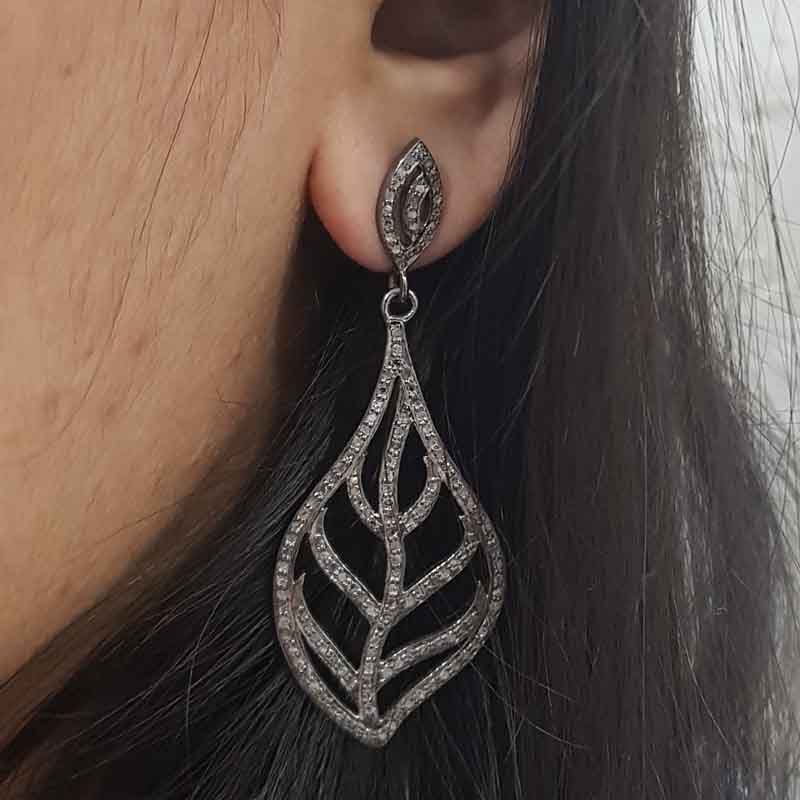 Beautifully Designed Pave Diamond Leaf Earrings, Silver Jewelry