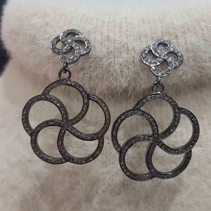 Charming Floral Dangle Earrings, Flower Style Round Designer Pave Diamond Earrings, Gift For Favorite, Silver Jewelry