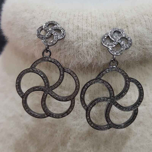 Charming Floral Dangle Earrings, Flower Style Round Designer Pave Diamond Earrings, Gift For Favorite, Silver Jewelry