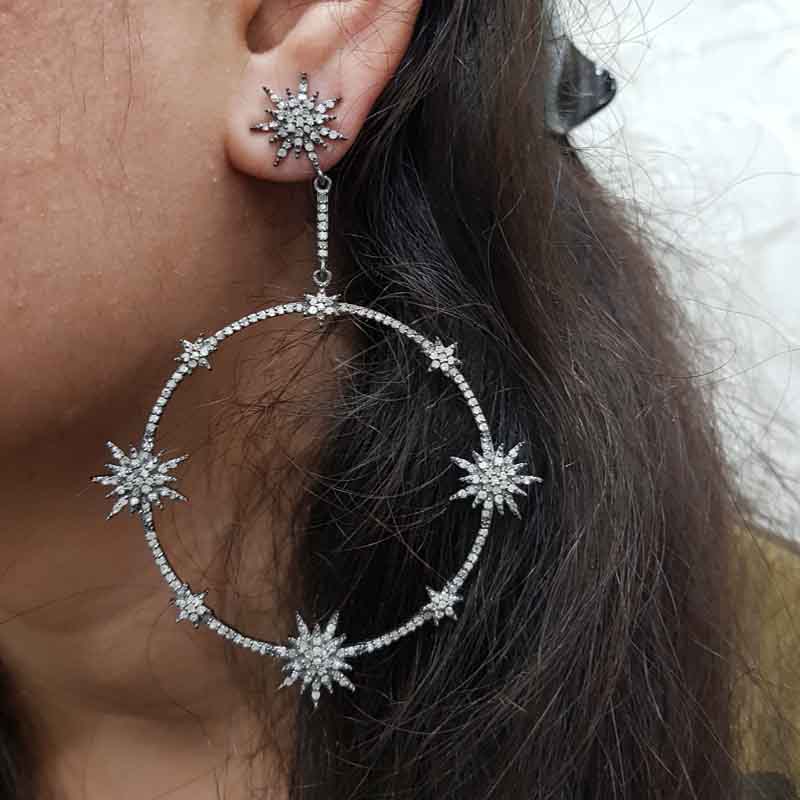 Stunning Pave Diamond Chand Bali Earrings, Round Star Earrings, Gift For Wife, Anniversary Gift, Silver Jewelry