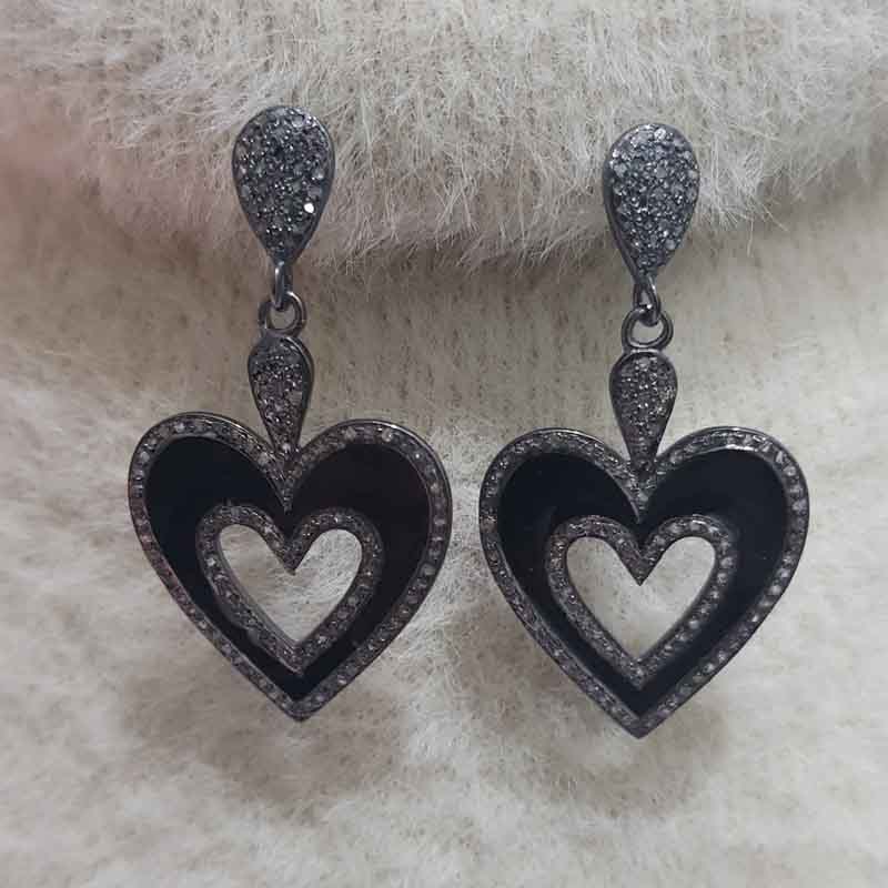 Black Enamel Heart Designer Fancy Pave Diamond earrings, Silver Jewelry