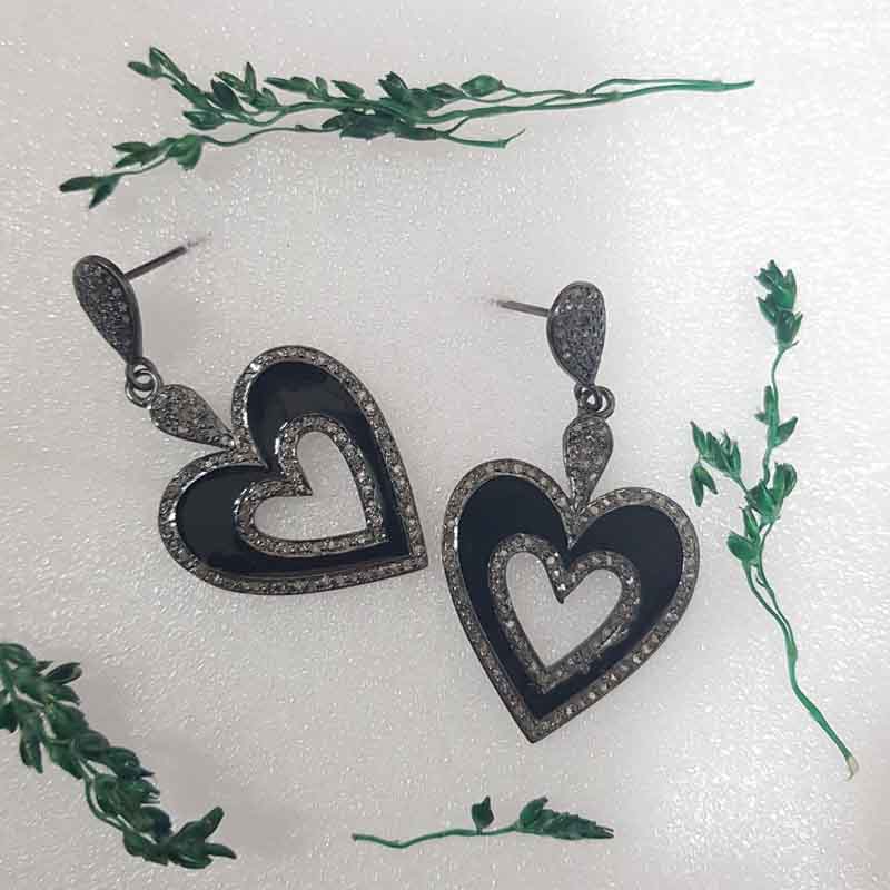 Black Enamel Heart Designer Fancy Pave Diamond earrings, Silver Jewelry