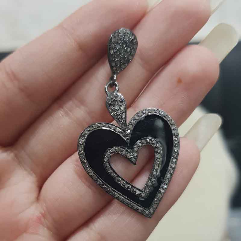 Black Enamel Heart Designer Fancy Pave Diamond earrings, Silver Jewelry