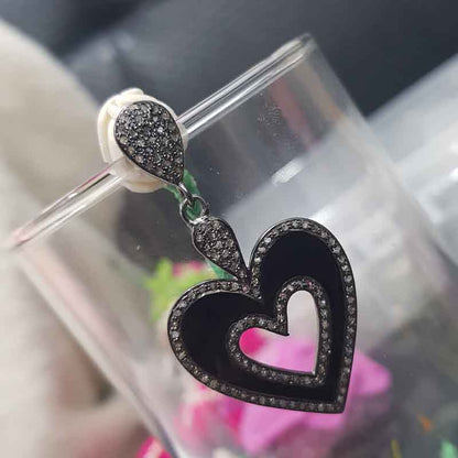 Black Enamel Heart Designer Fancy Pave Diamond earrings, Silver Jewelry