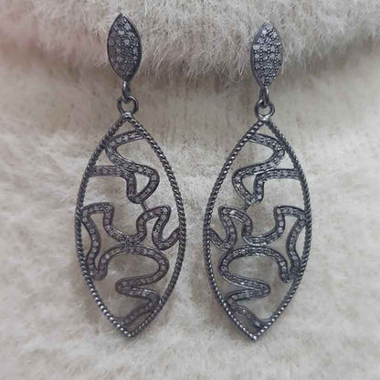 Antique Finish Designer Sterling Silver Pave Diamond Earrings, Silver Jewelry