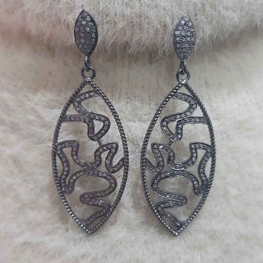 Antique Finish Designer Sterling Silver Pave Diamond Earrings, Silver Jewelry