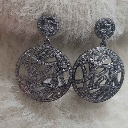 Round Fancy Designer Pave Diamond Earrings, Fancy Statement Earrings, Silver Jewelry