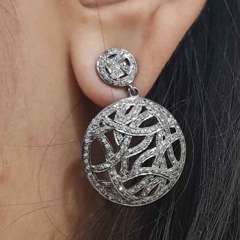 Round Fancy Designer Pave Diamond Earrings, Fancy Statement Earrings, Silver Jewelry