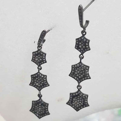 Long Hanging Star Designer Pave Diamond Earrings, Silver Jewelry, Gift For Girl, Birthday Gift