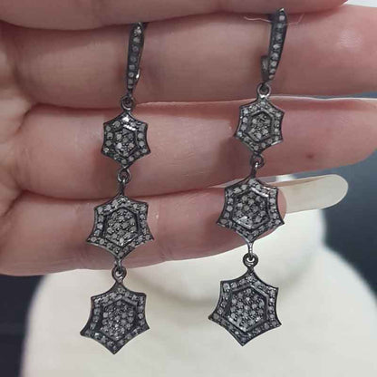 Long Hanging Star Designer Pave Diamond Earrings, Silver Jewelry, Gift For Girl, Birthday Gift