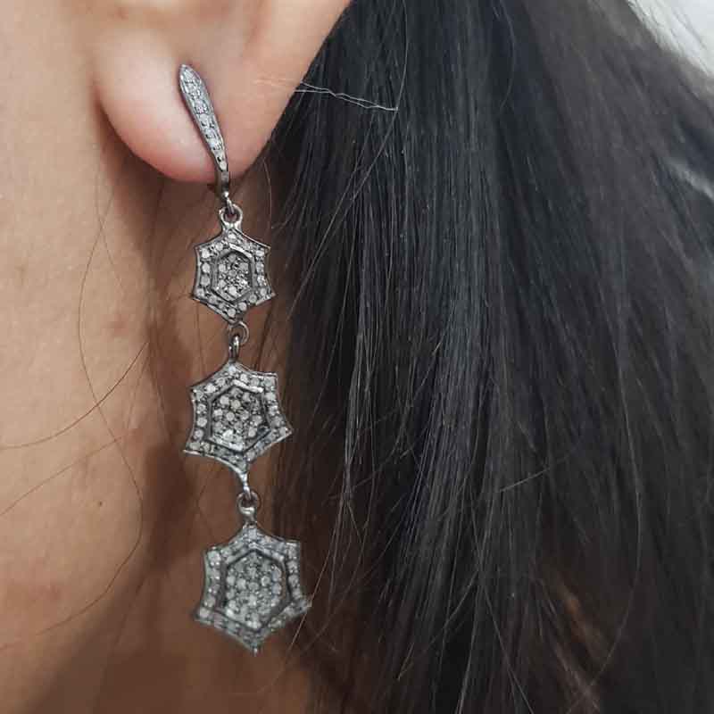 Long Hanging Star Designer Pave Diamond Earrings, Silver Jewelry, Gift For Girl, Birthday Gift