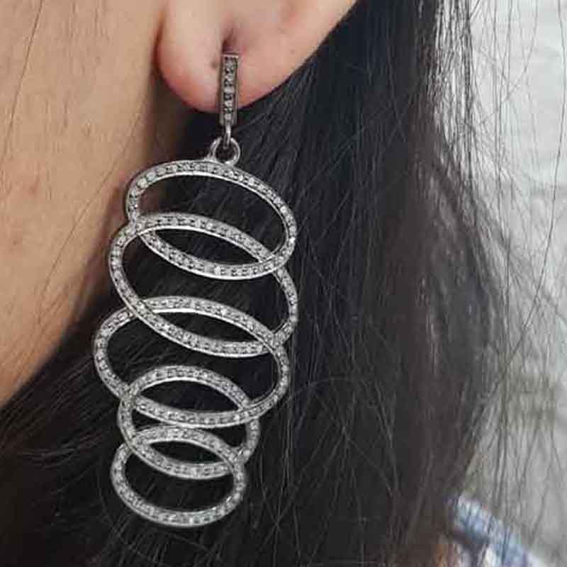 Zigzag Style Unique Designer Sterling silver Natural Pave Diamond Earrings, Silver Jewelry